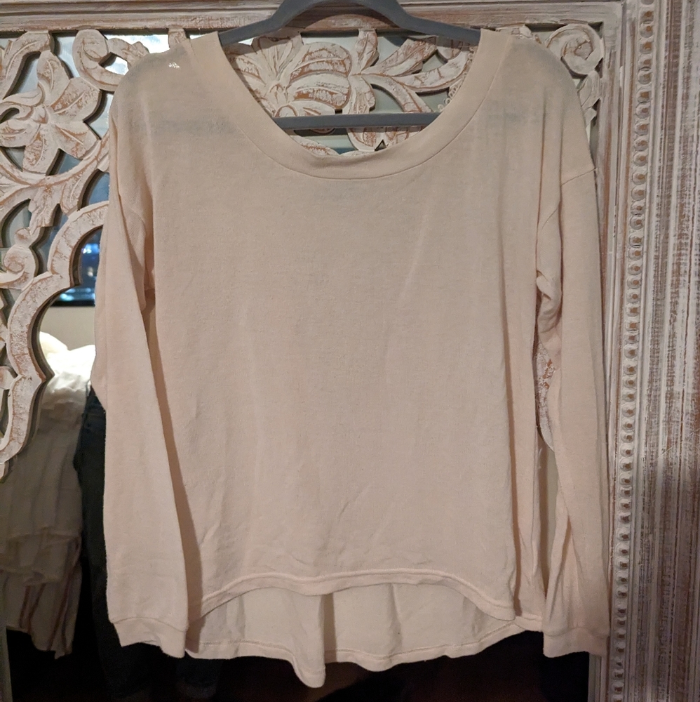 Tobi crochet lace back long sleeve lightweight cream sweater